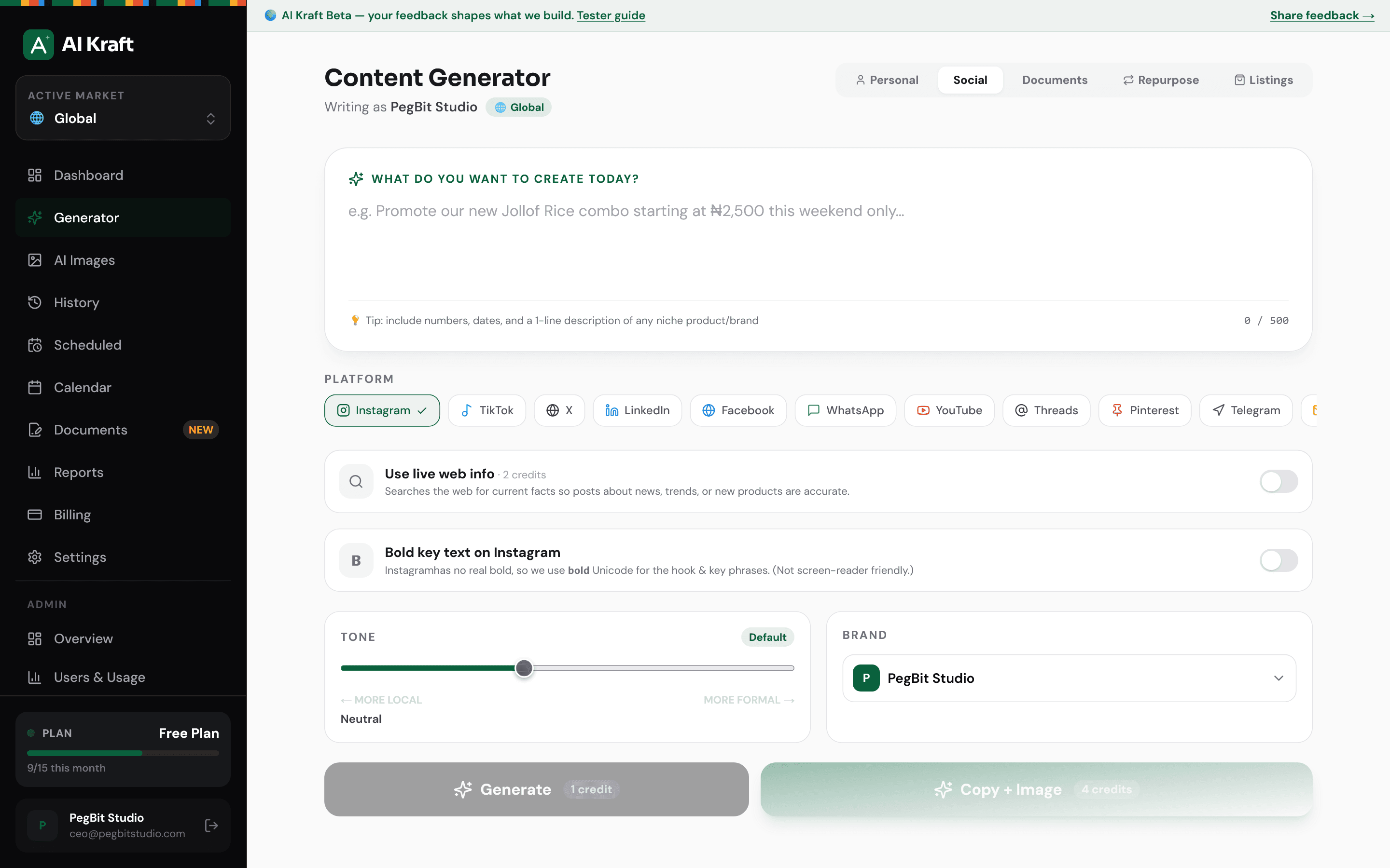 AI Kraft — per-market content generation from a single brief
